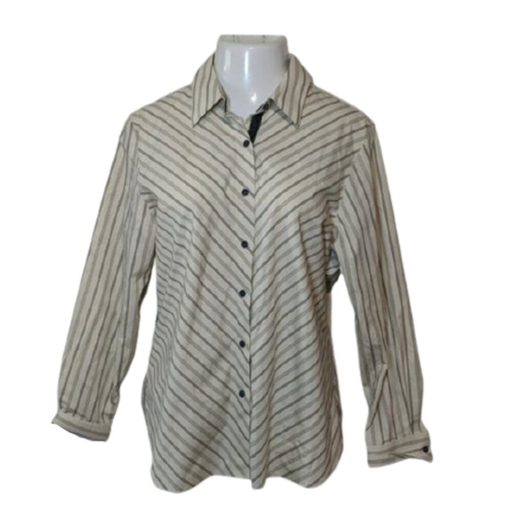 Foxcroft Cream Shaped Fit Pinstripe Button Up Stretch Career Top 16 Wrinkle Free